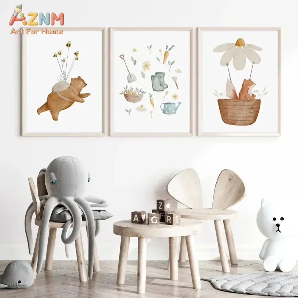 Baby Nursery Frames - AZNM 수채화 곰 여우 동물 캔버스