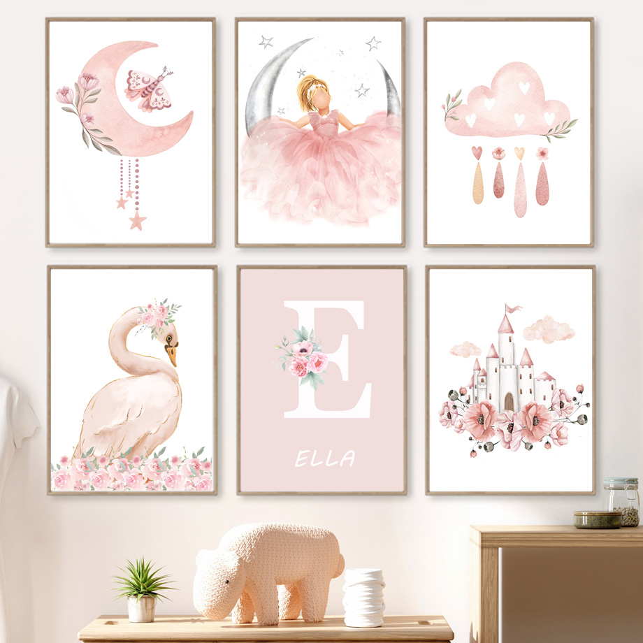 Baby Nursery Decor Girl - 핑크 천사 소녀 썬 문 구름