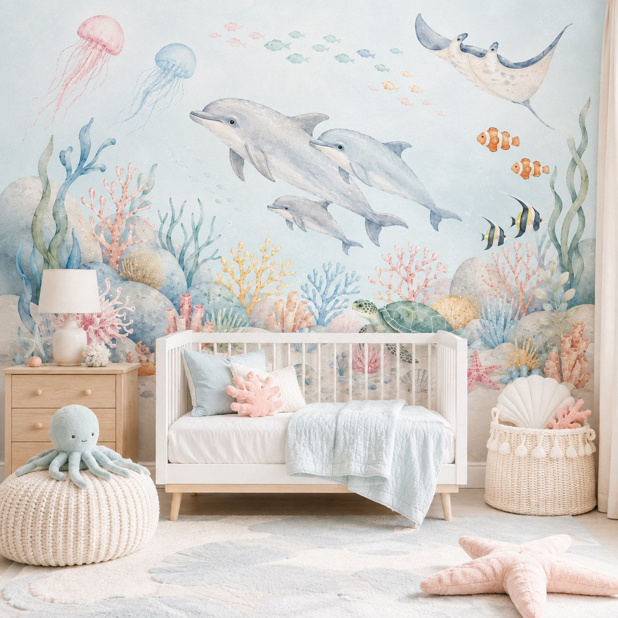 Baby Nursery Peel And Stick Wallpaper - 수중 해양 동물 자가 접착 벽지