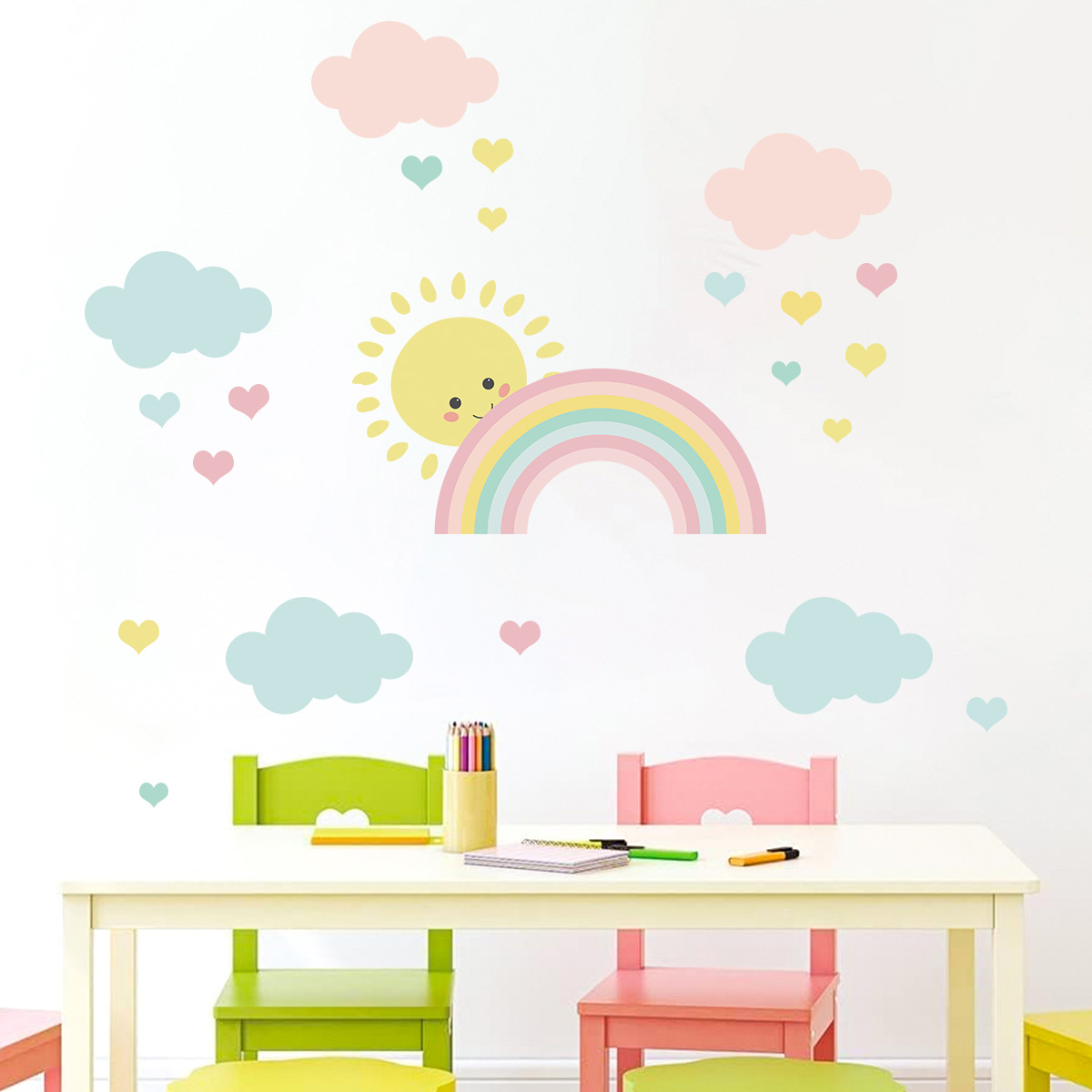 Baby Nursery Decor Girl - 만화 태양 무지개 구름 벽 데칼