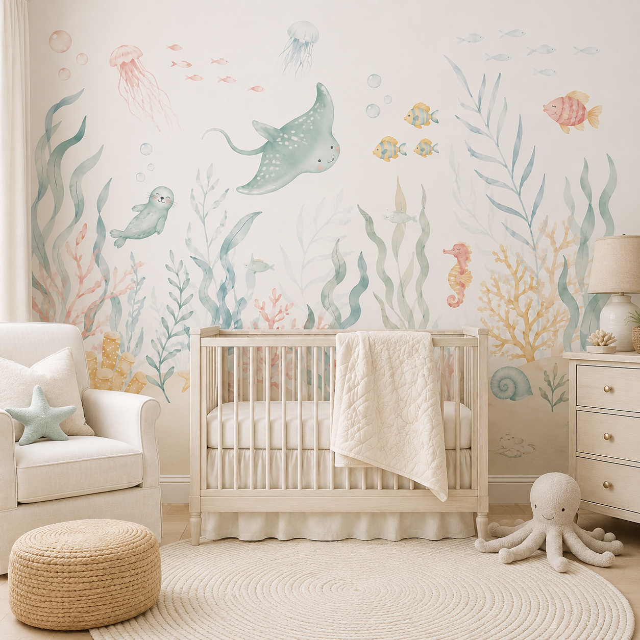 Baby Nursery Peel And Stick Wallpaper - 해양 동물 자가 접착 벽지 파스텔
