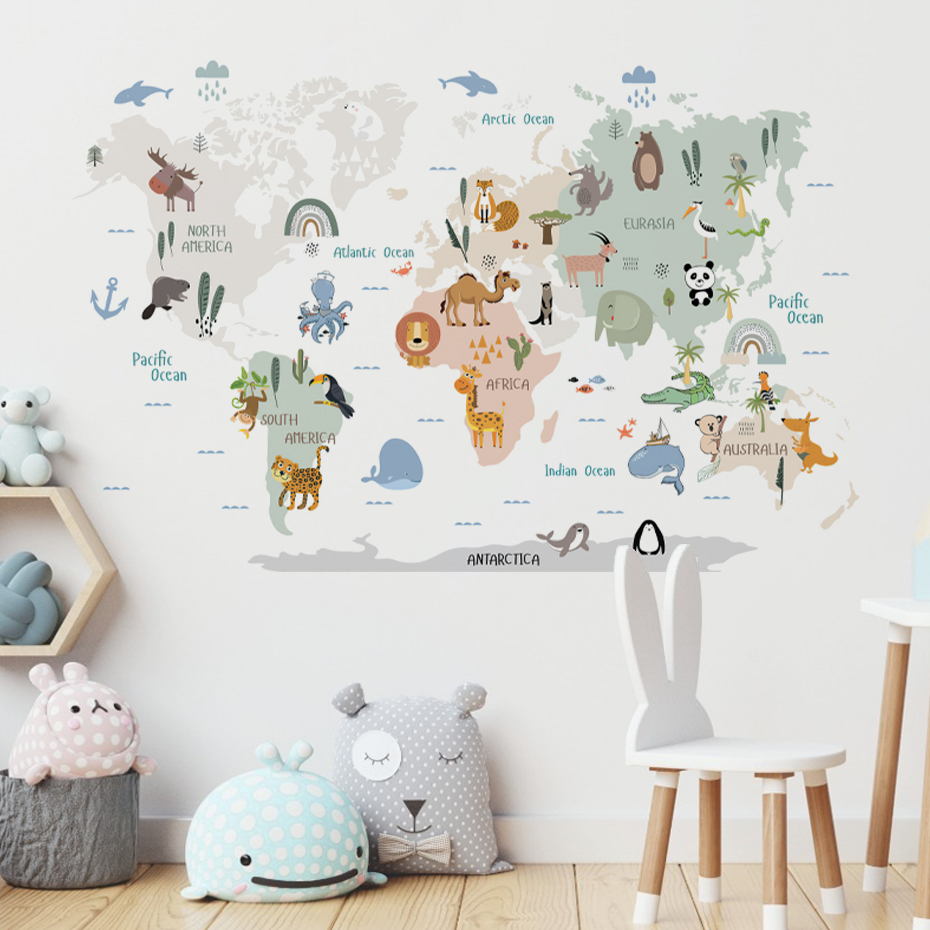 Baby Nursery Decor Girl - 수채화 만화 세계지도 벽 스티커, 동물,