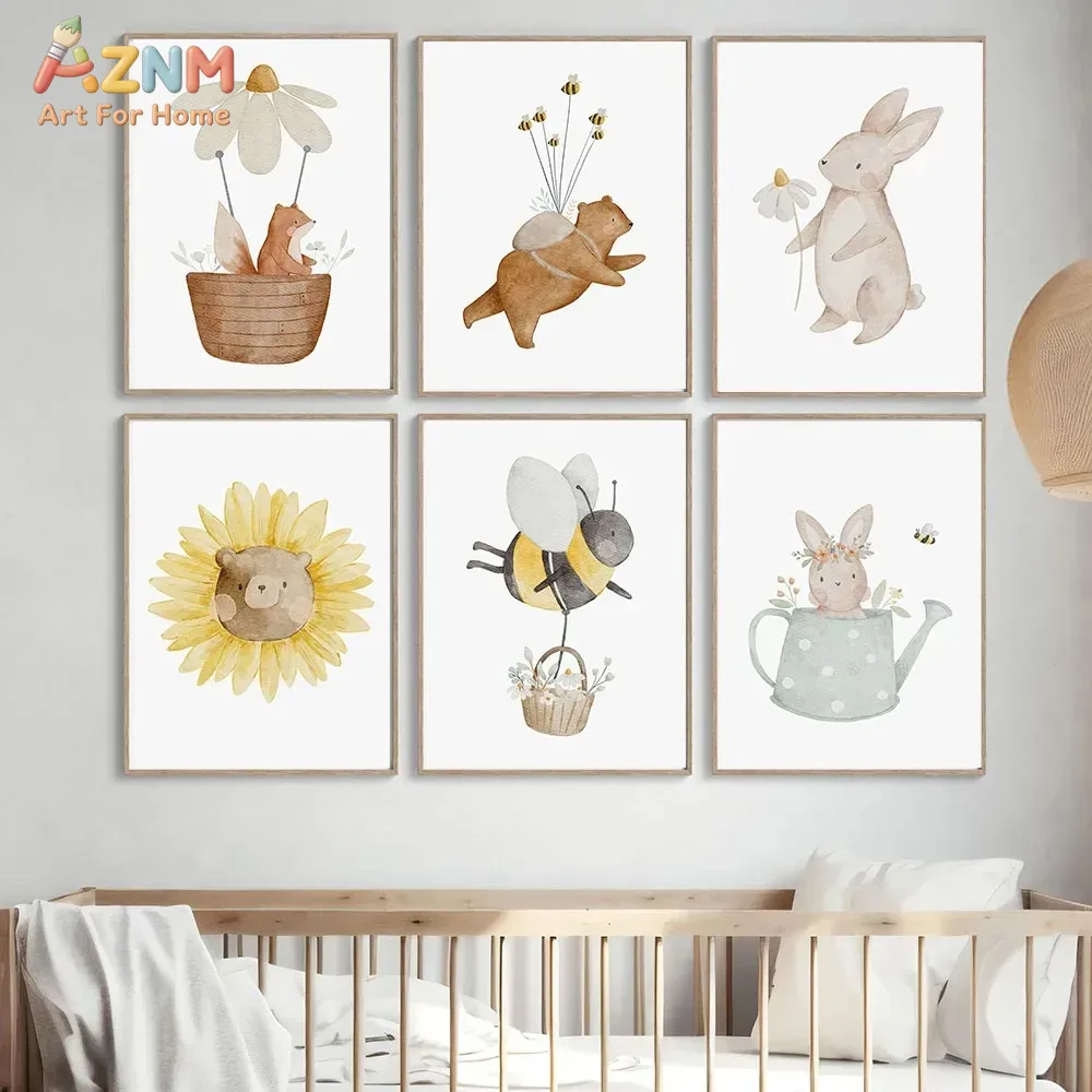 AZNM 수채화 곰 여우 동물 캔버스 벽 예술 Boho - Baby Nursery Frames 리뷰 및 가격