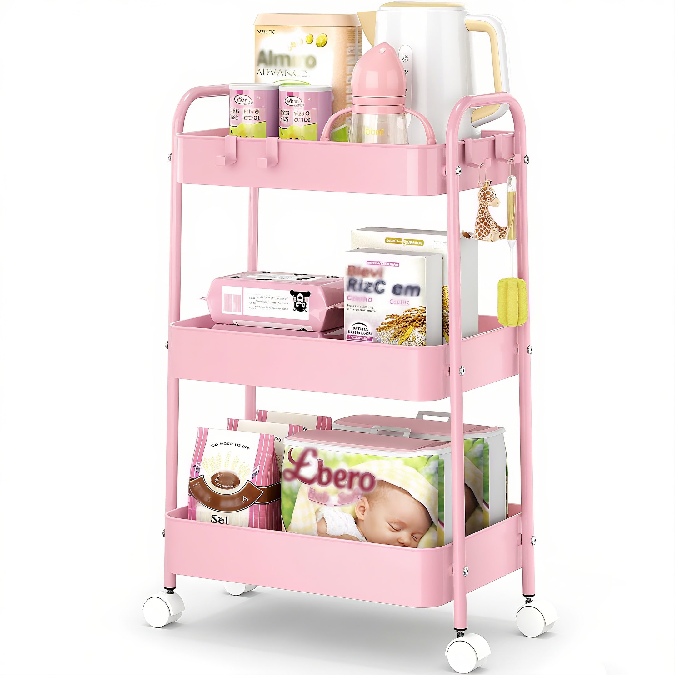 3단 금속 롤링 카트(바퀴 포함) 모던 핑크 유틸리티  - Baby Nursery Trolley 리뷰 및 가격
