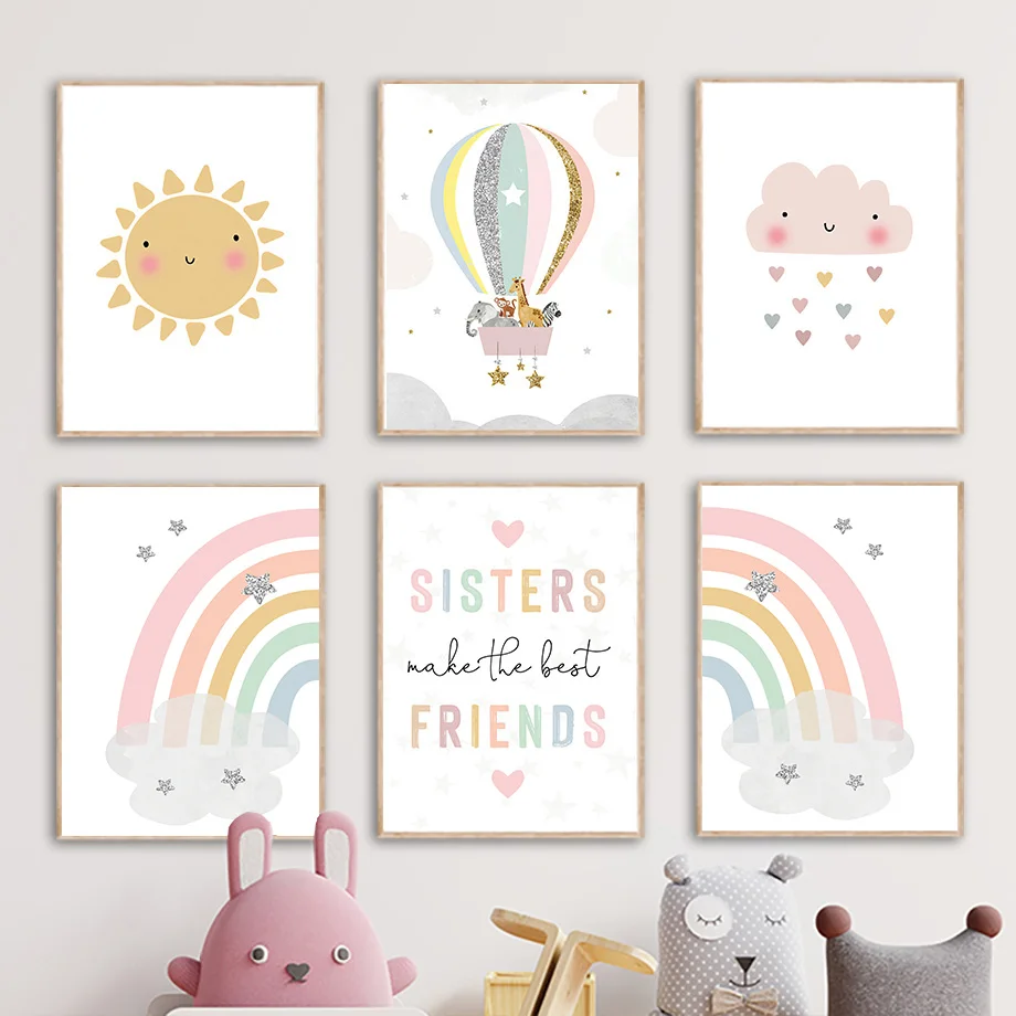 기린 코끼리 열기구 태양 무지개 보육원 북유럽 포스터  - Baby Nursery Decor Girl 리뷰 및 가격