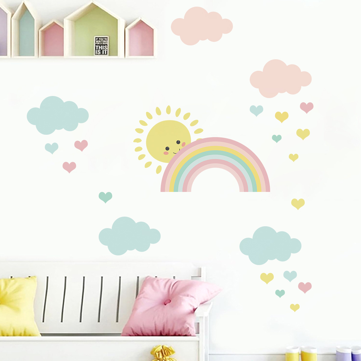 만화 태양 무지개 구름 벽 데칼 보육소 소녀 소년 침실 - Baby Nursery Decor Girl 리뷰 및 가격