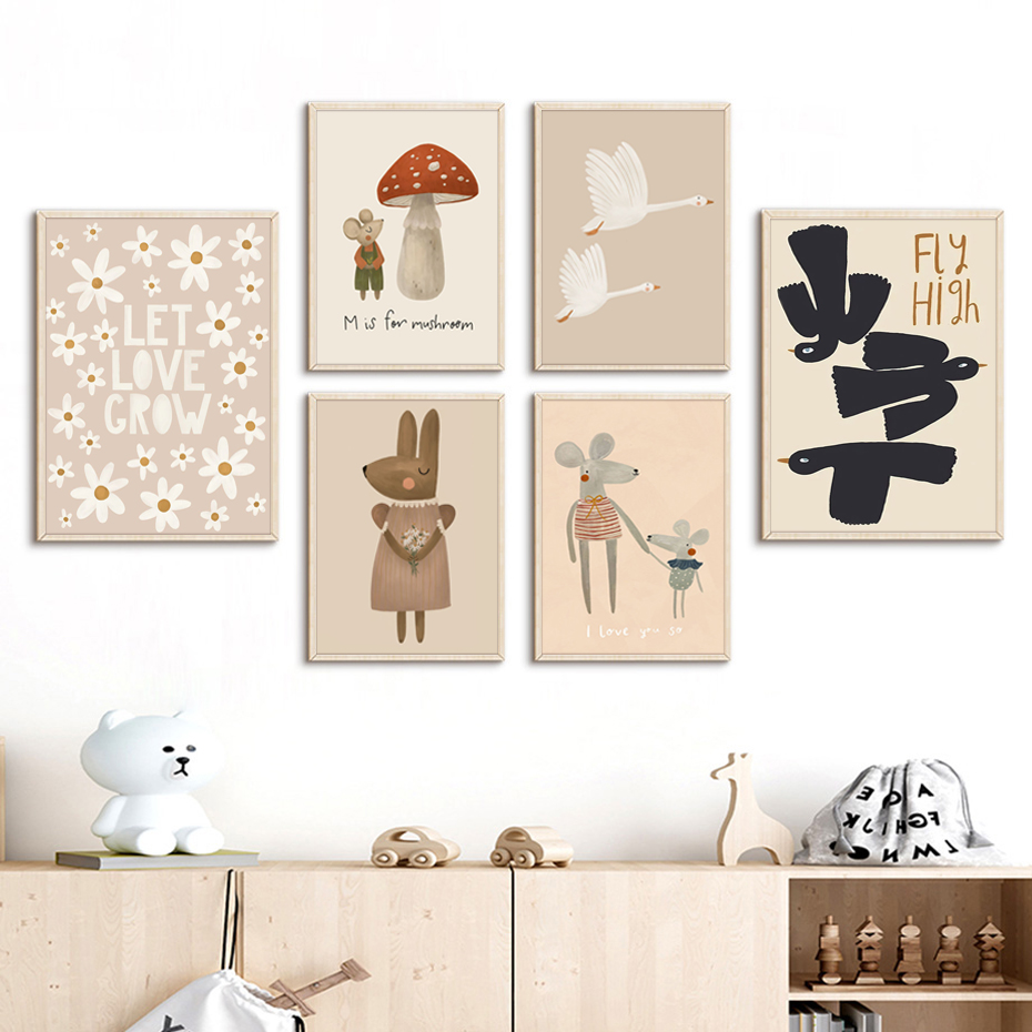 Boho 만화 토끼 마우스 거위 포스터 보육 벽 아트  - Baby Nursery Frames 리뷰 및 가격