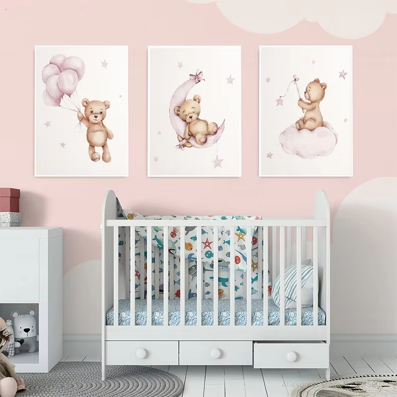 곰돌이 유아방 벽 장식 테디베어 캔버스 벽 그림 아기  - Baby Nursery Decor Girl 리뷰 및 가격